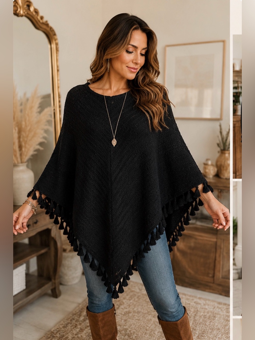 Forever 21 Black Knit Tassel Poncho Sweater Boho‎ Wool Blend Cape Size M